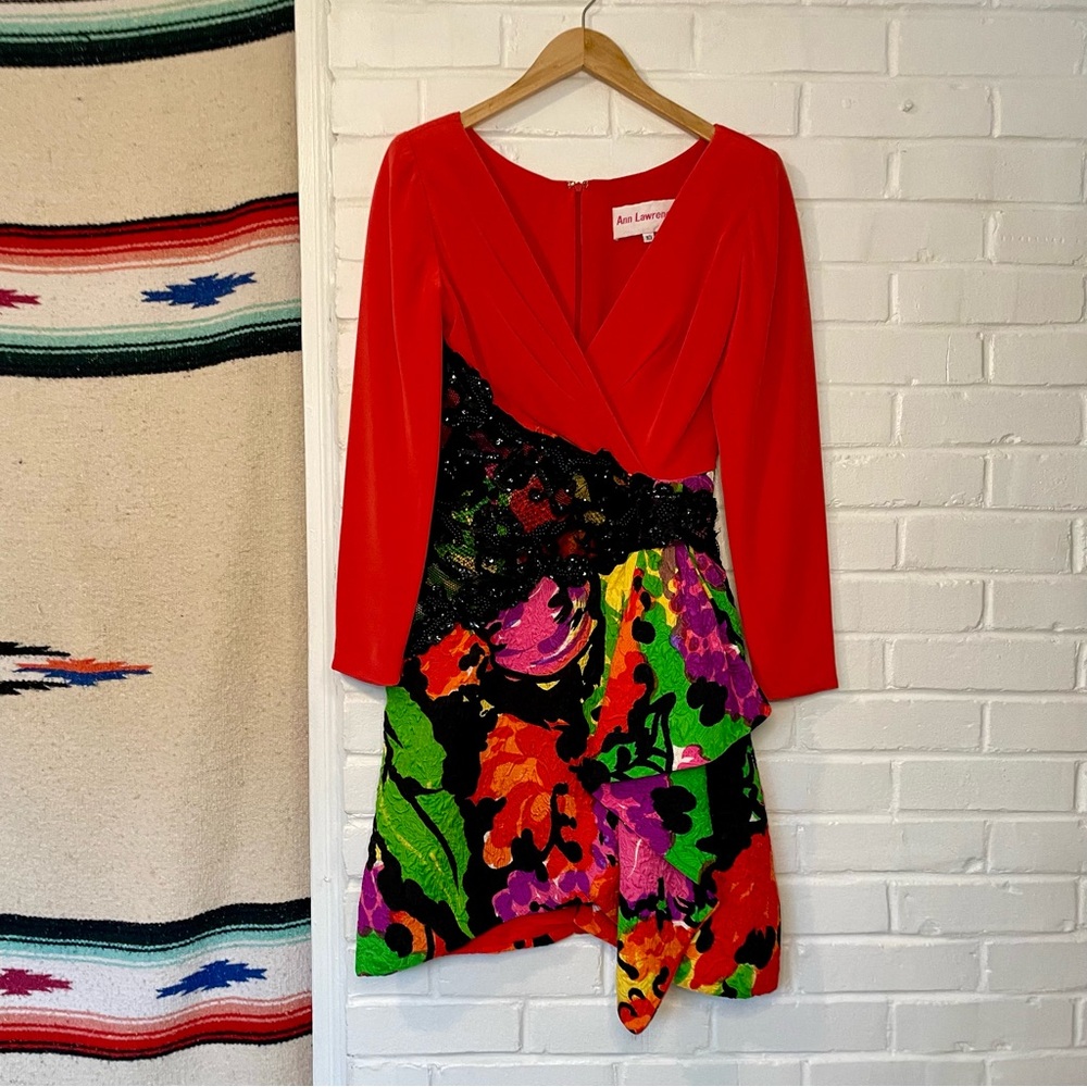 Vintage 80's Ann Lawrence Silk Blend Floral Multicolored Red Dress Size …